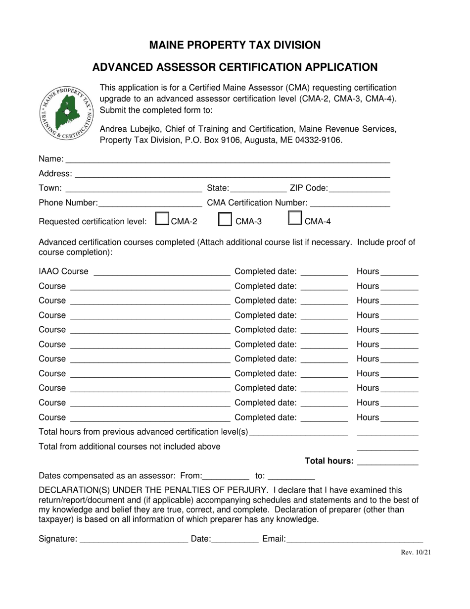 Advanced Assessor Certification Application - Maine, Page 1