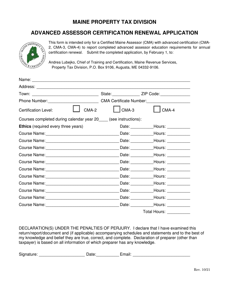 Advanced Assessor Certification Renewal Application - Maine, Page 1