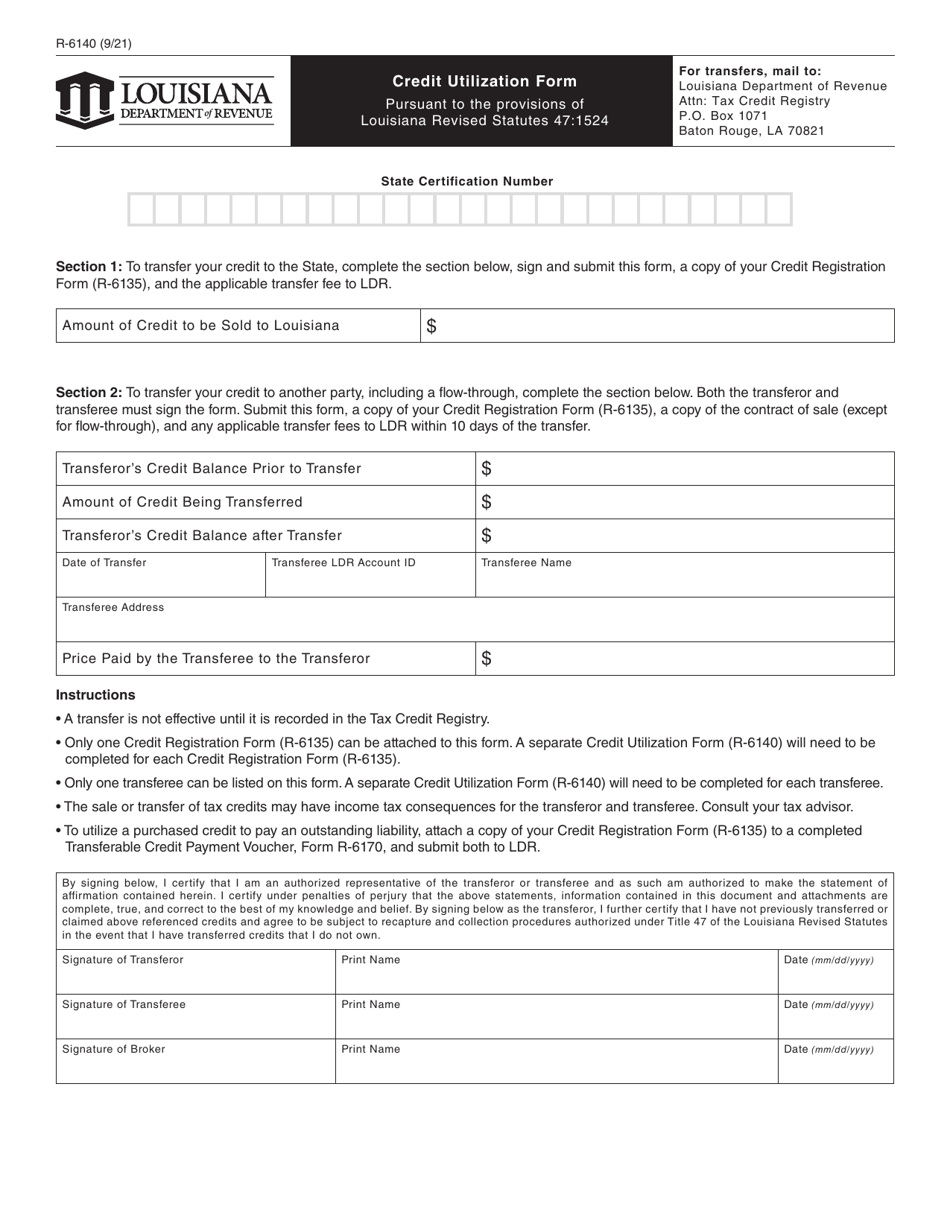 Form R-6140 Credit Utilization Form - Louisiana, Page 1