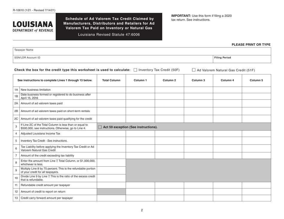 Form R-10610 Schedule of Ad Valorem Tax Credit Claimed by Manufacturers, Distributors and Retailers for Ad Valorem Tax Paid on Inventory or Natural Gas - Louisiana, Page 2