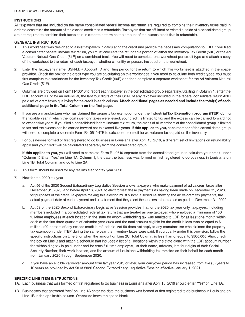 Form R-10610 Schedule of Ad Valorem Tax Credit Claimed by Manufacturers, Distributors and Retailers for Ad Valorem Tax Paid on Inventory or Natural Gas - Louisiana, Page 3