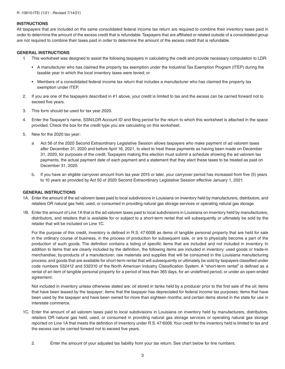 Form R-10610-ITE Schedule of Ad Valorem Tax Credit Claimed by Itep Manufacturers for Ad Valorem Tax Paid on Inventory - Louisiana, Page 3