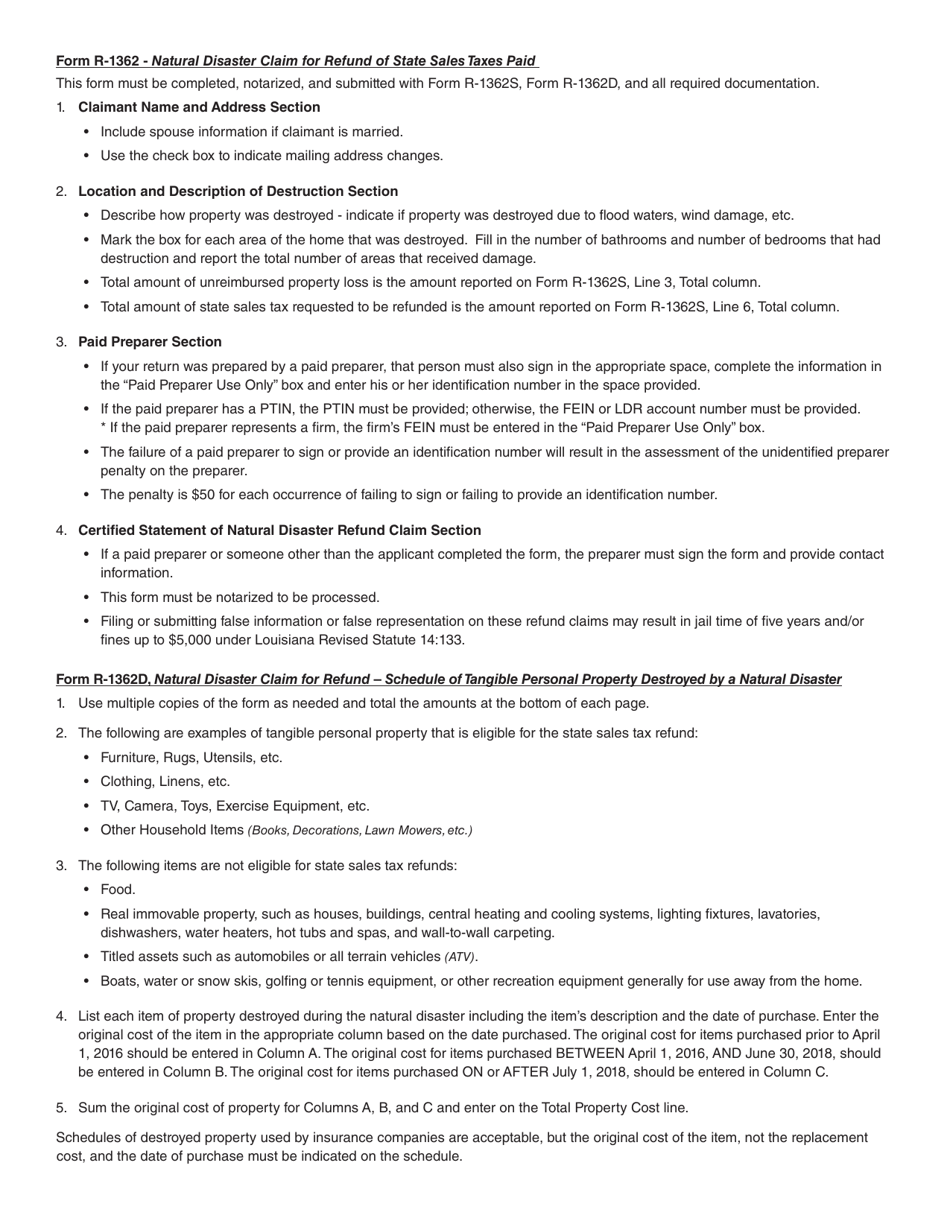 Instructions for Form R-1362 Natural Disaster Claim for Refund of State Sales Taxes Paid - Louisiana, Page 2
