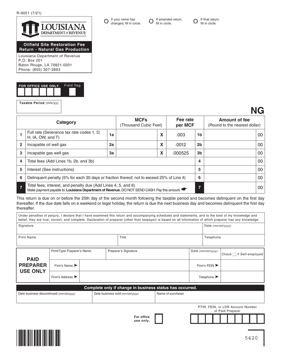 Form R-9051 Oilfield Site Restoration Fee Return - Natural Gas Production - Louisiana, Page 1
