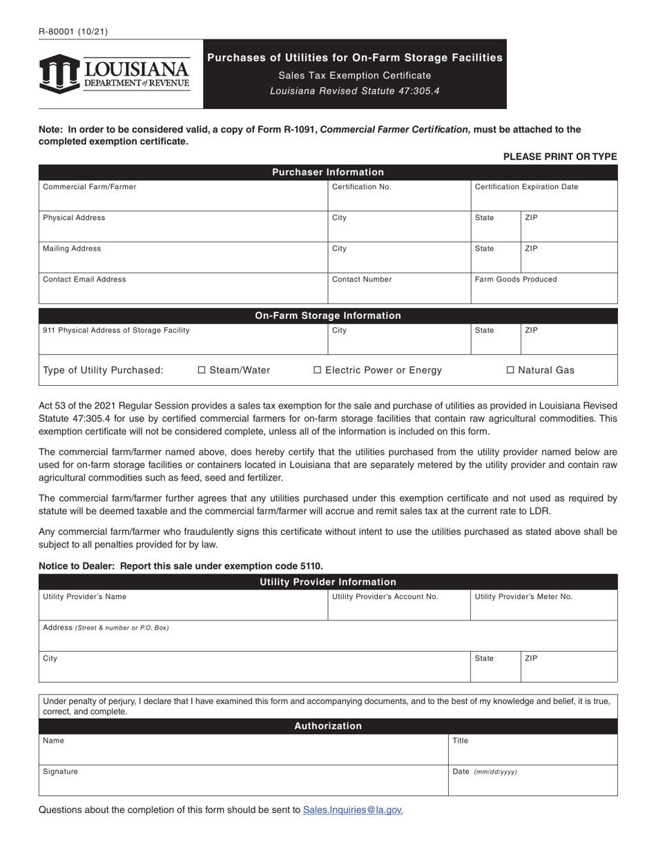 Form R-80001 Purchases of Utilities for on-Farm Storage Facilities Sales Tax Exemption Certificate - Louisiana, Page 1