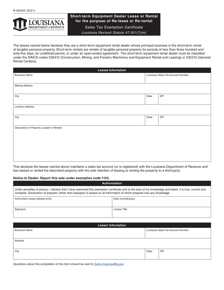Form R-85005 Short-Term Equipment Dealer Lease or Rental for the Purpose of Re-lease or Re-rental Sales Tax Exemption Certificate - Louisiana, Page 1