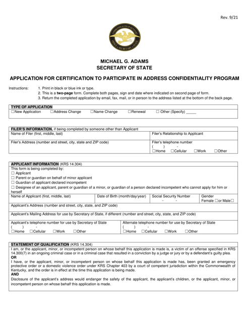 Application for Certification to Participate in Address Confidentiality Program - Kentucky Download Pdf