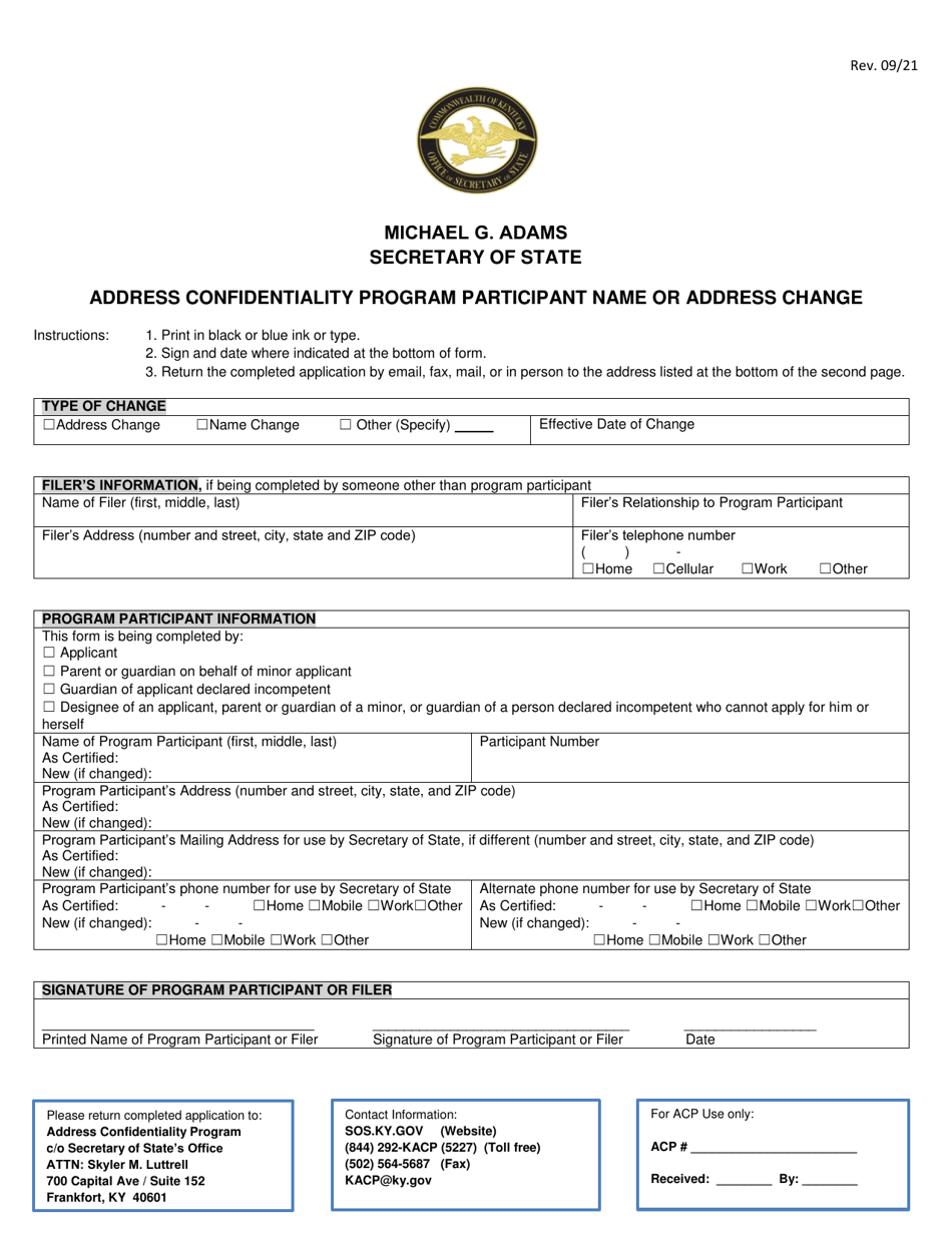 Kentucky Address Confidentiality Program Participant Name or Address