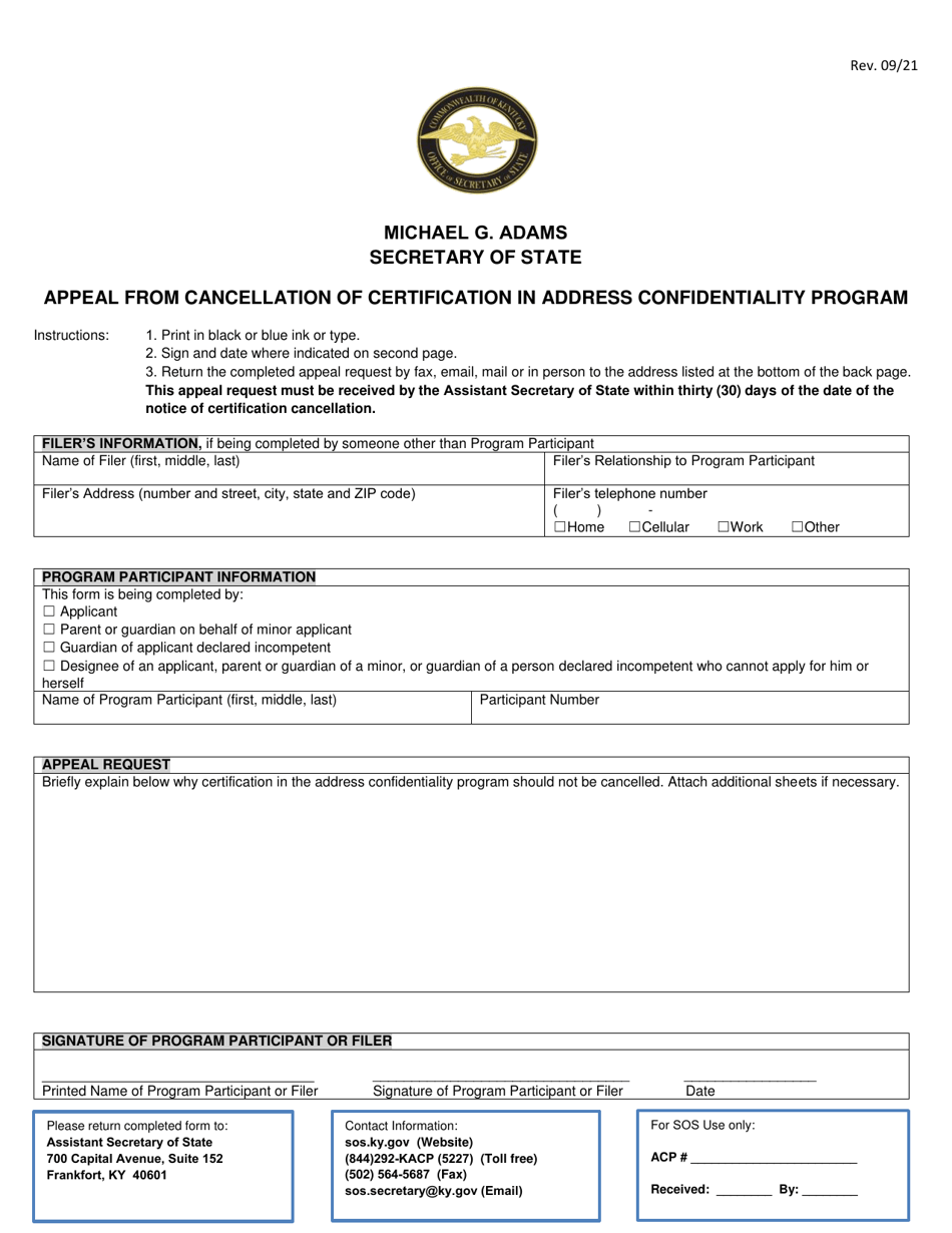 Appeal From Cancellation of Certification in Address Confidentiality Program - Kentucky, Page 1