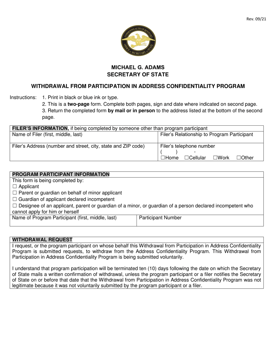 Withdrawal From Participation in Address Confidentiality Program - Kentucky, Page 1