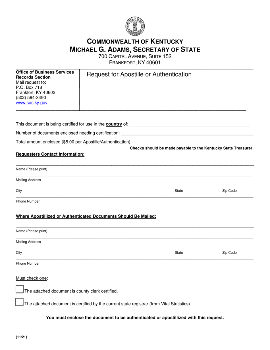 Request for Apostille or Authentication - Kentucky, Page 1