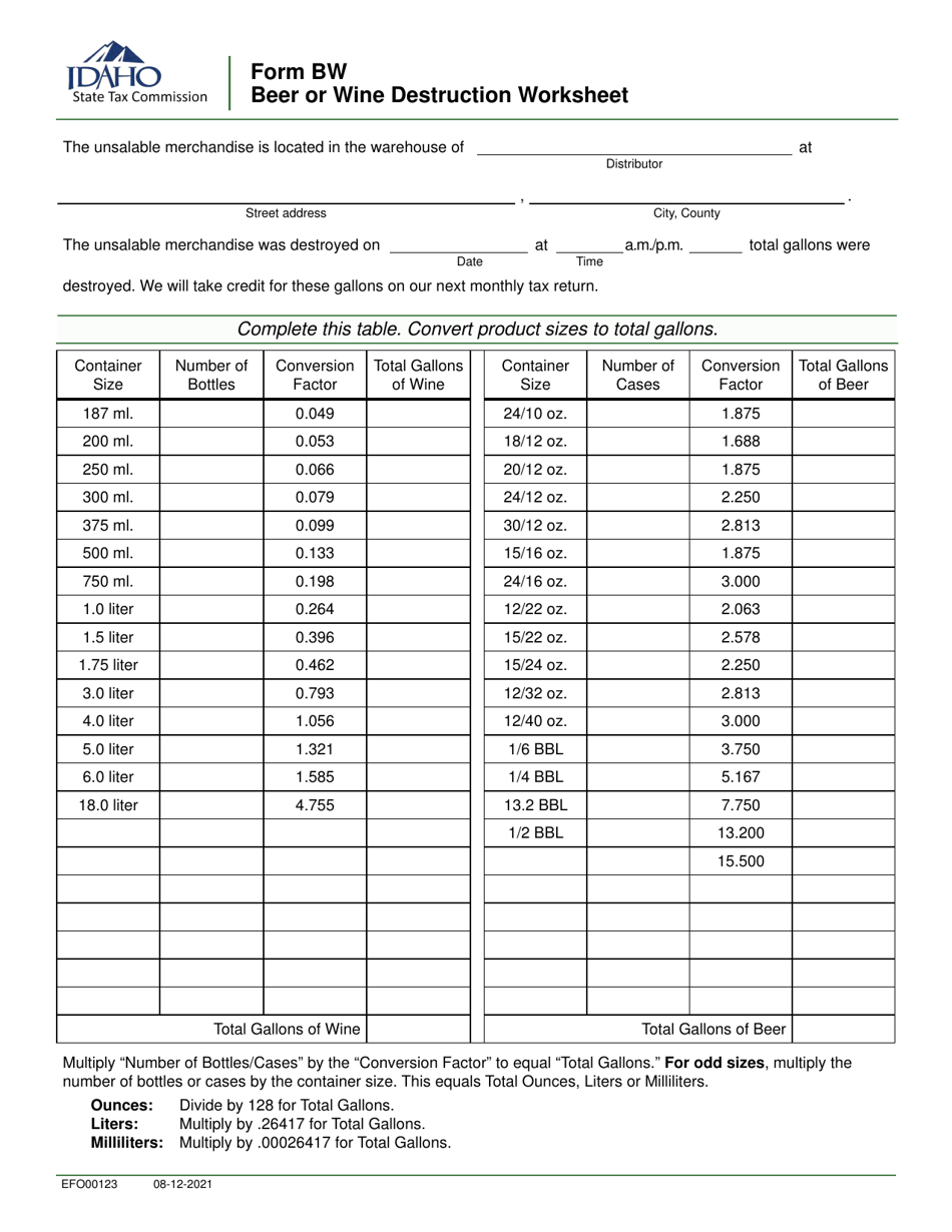 Form BW (EFO00123) Beer or Wine Destruction Worksheet - Idaho, Page 1