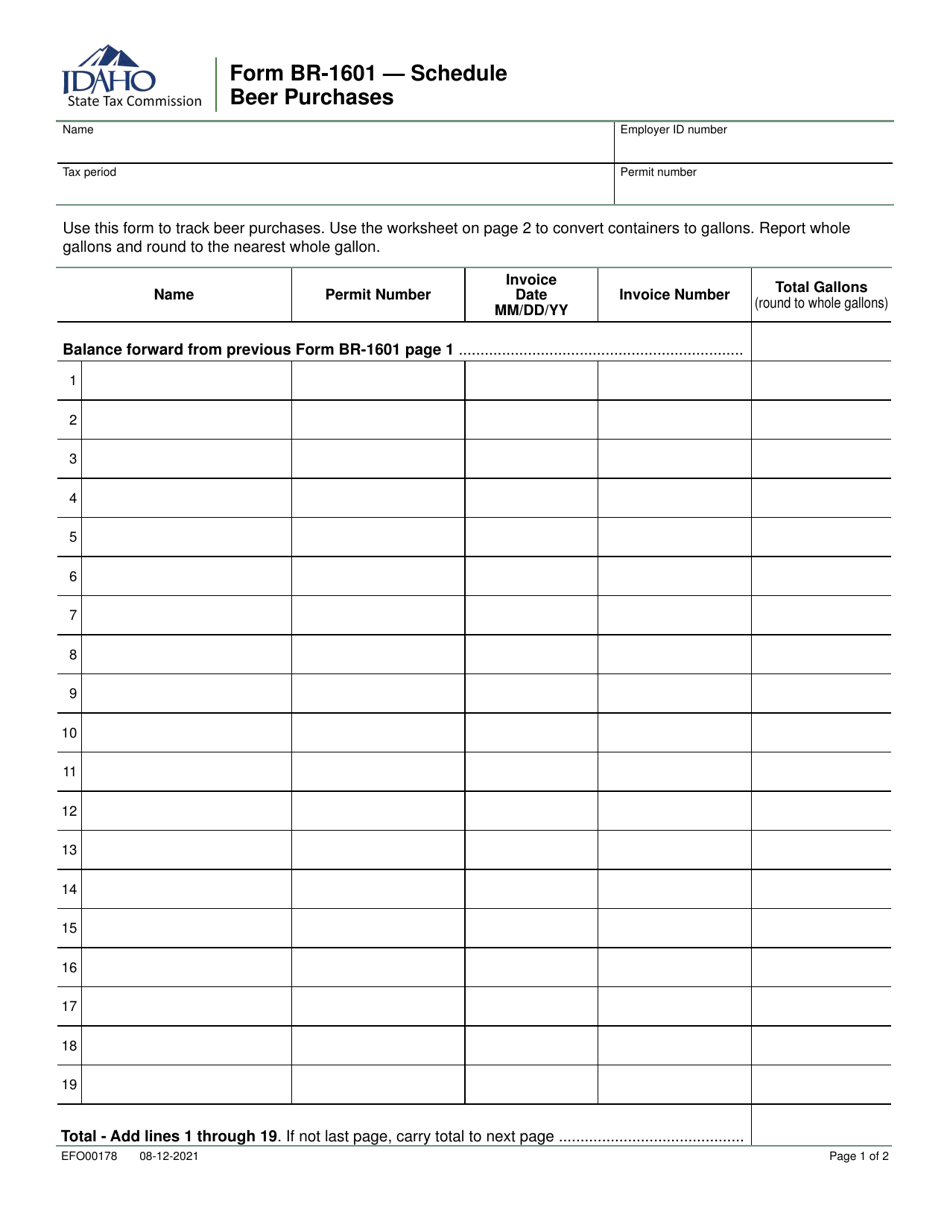 Form BR-1601 (EFO00178) Schedule Beer Purchases - Idaho, Page 1