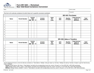 Document preview: Form BR-1605 (EFO00182) Worksheet Beer Odd-Sized Containers Conversion - Idaho