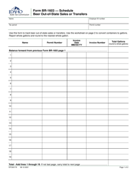 Form BR-1603 (EFO00179) Schedule Beer Out-of-State Sales or Transfers - Idaho