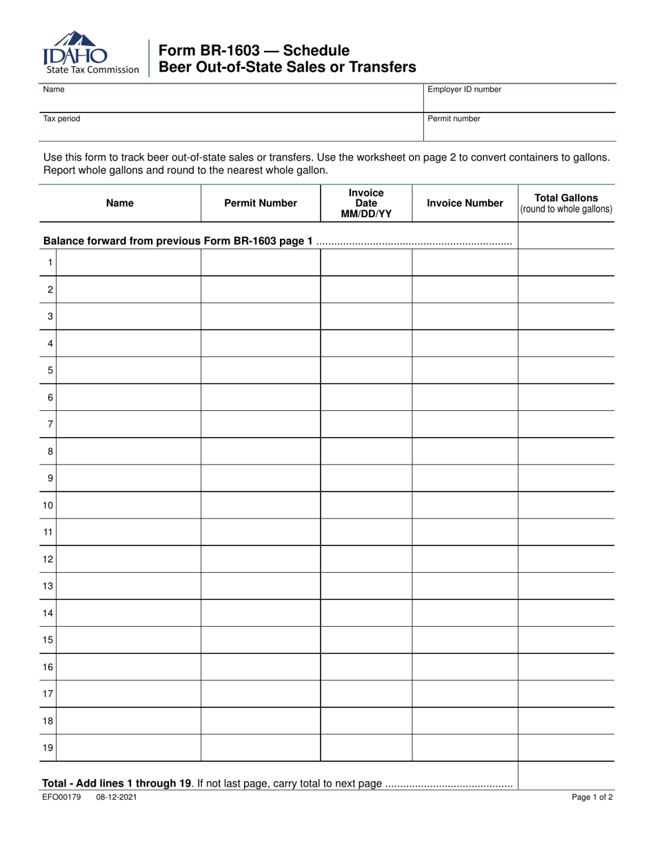 Form BR-1603 (EFO00179) Schedule Beer Out-of-State Sales or Transfers - Idaho, Page 1