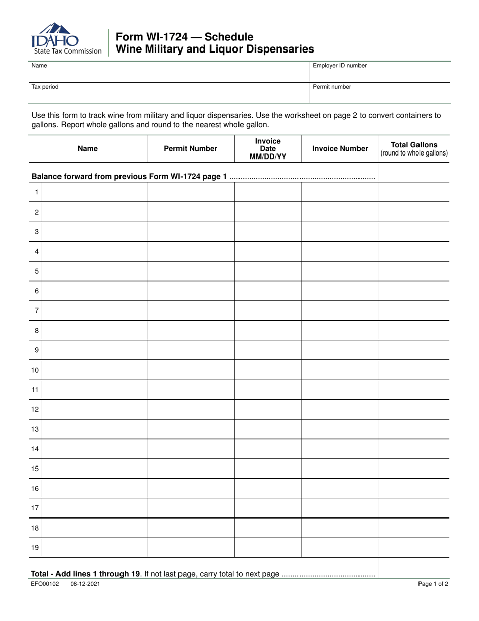 Form WI-1724 (EFO00102) Wine Military and Liquor Dispensaries Schedule - Idaho, Page 1