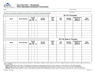 Document preview: Form WI-1725 (EFO00103) Wine Odd-Size Containers Conversion Worksheet - Idaho