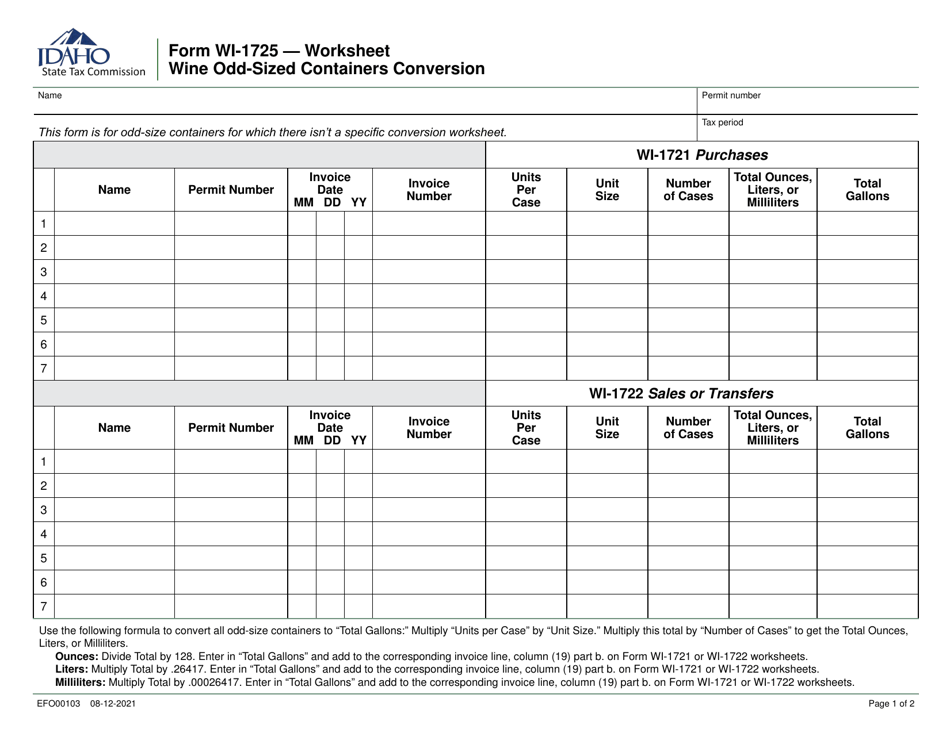 Form WI-1725 (EFO00103) Wine Odd-Size Containers Conversion Worksheet - Idaho, Page 1