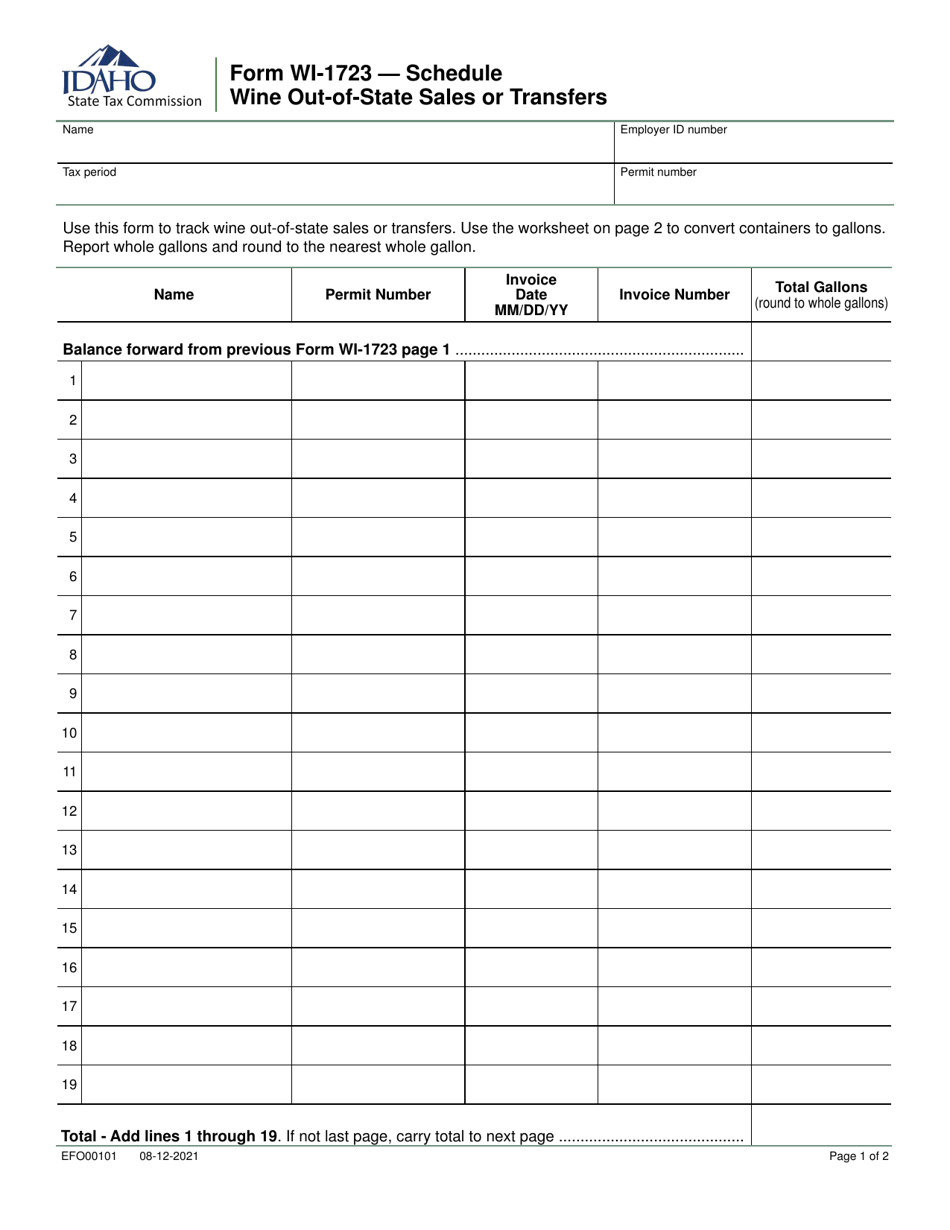 Form WI-1723 (EFO00101) Wine Out-of-State Sales or Transfers Schedule - Idaho, Page 1