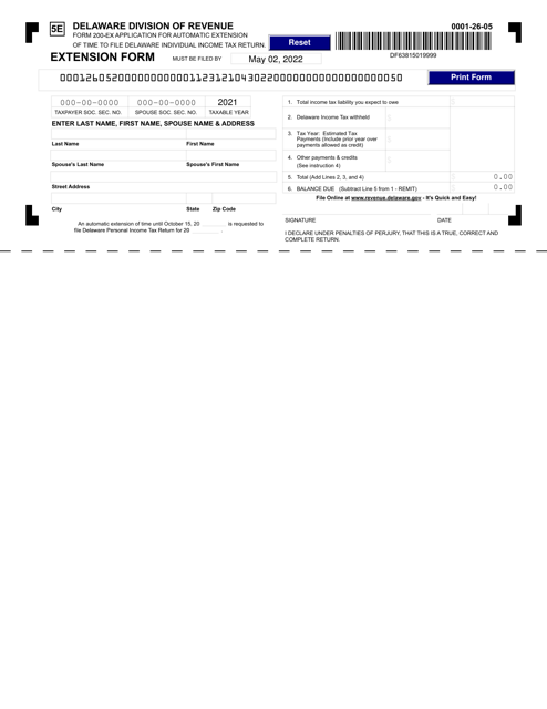 Form 200-EX Application for Automatic Extension of Time to File Delaware Individual Income Tax Return - Delaware, 2021