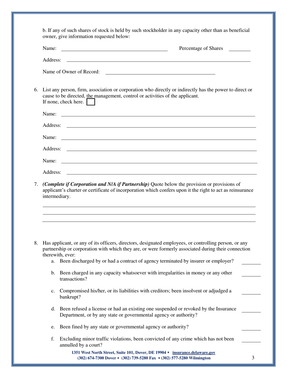 Reinsurance Intermediary - Corporation / Partnership Application - Delaware, Page 3