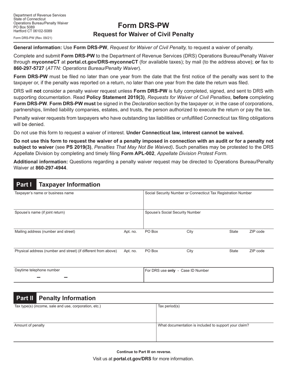 Form DRS-PW Request for Waiver of Civil Penalty - Connecticut, Page 1