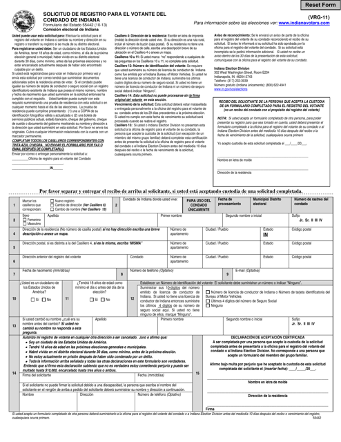 Formulario VRG-11 (State Formulario 55442) Solicitud De Registro Para El Votante Del Condado De Indiana - Indiana (Spanish)
