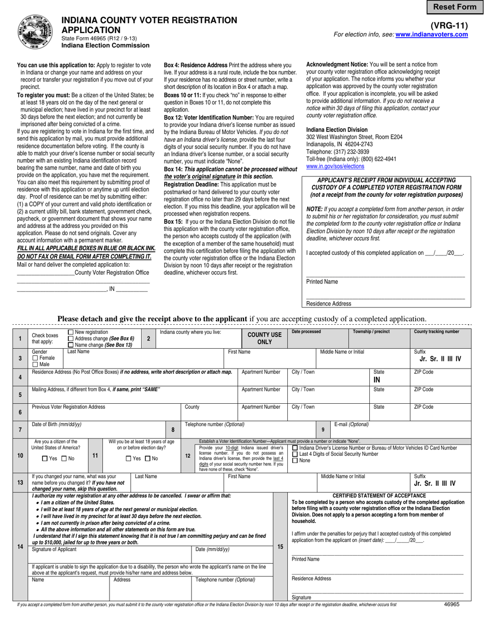 Form VRG-11 (State Form 46965) Indiana County Voter Registration Application - Indiana, Page 1