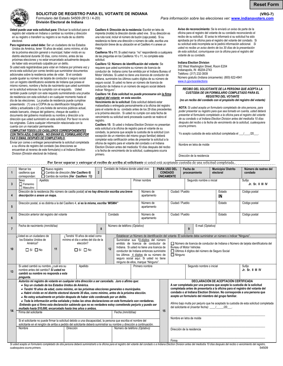 Formulario VRG-7 (State Formulario 54509) Solicitud De Registro Para El Votante De Indiana - Indiana (Spanish), Page 1