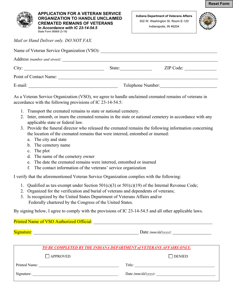 State Form 56669 Application for a Veteran Service Organization to Handle Unclaimed Cremated Remains of Veterans - Indiana, Page 1