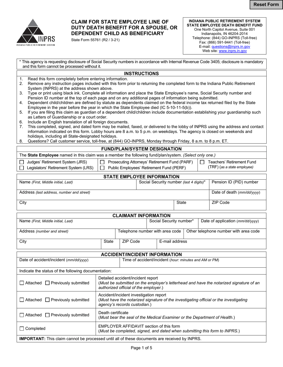 State Form 55761 Claim for State Employee Line of Duty Death Benefit for a Spouse, or Dependent Child as Beneficiary - Indiana, Page 1