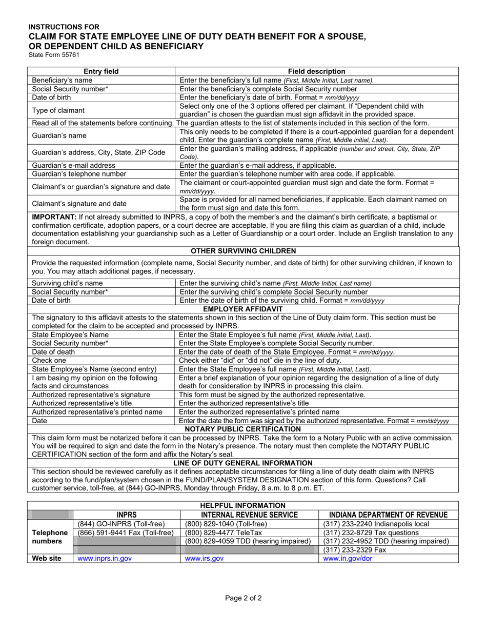 State Form 55761 Claim for State Employee Line of Duty Death Benefit for a Spouse, or Dependent Child as Beneficiary - Indiana, Page 7