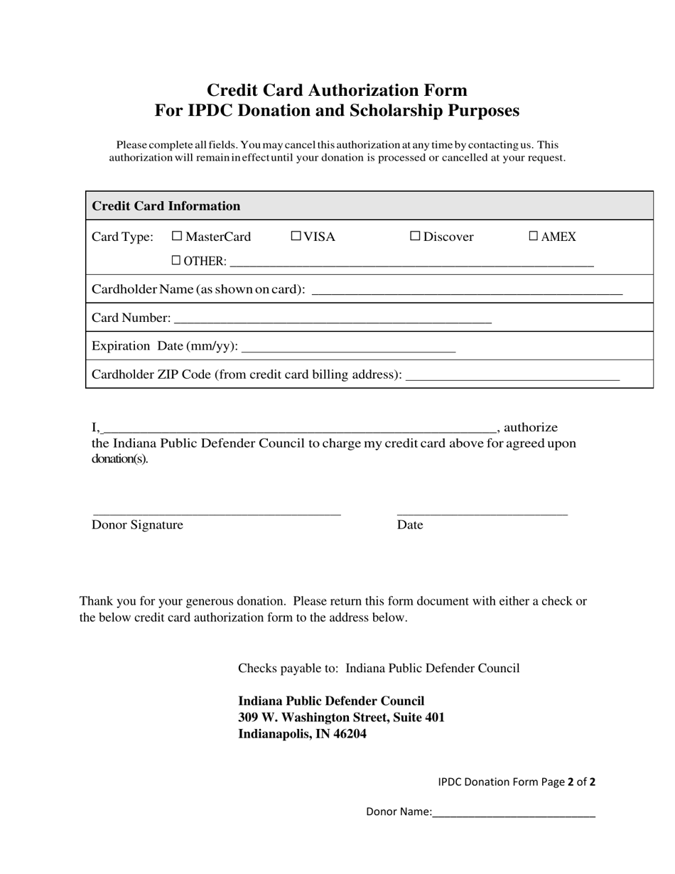 Indiana Credit Card Authorization Form For Ipdc Donation And Scholarship Purposes Fill Out