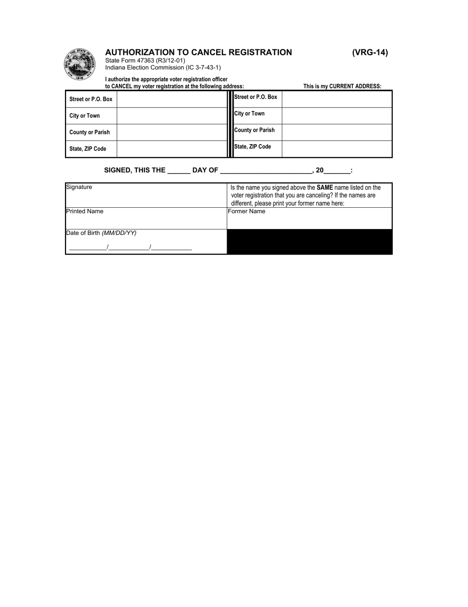 Form VRG-14 (State Form 47363) Authorization to Cancel Registration - Indiana, Page 1