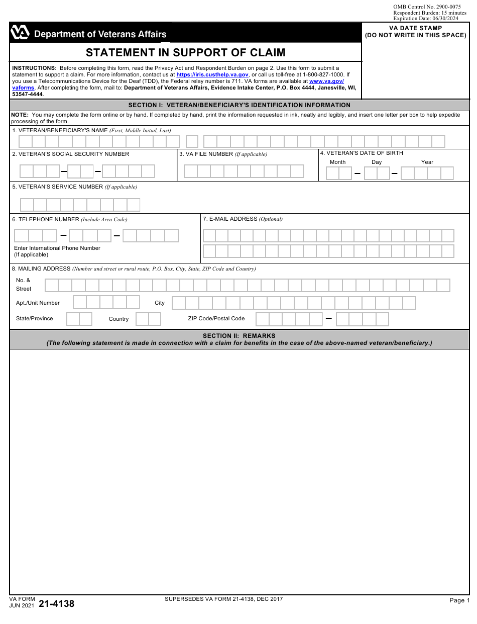 Va Form 21 4138 Download Fillable Pdf Or Fill Online Statement In Support Of Claim Templateroller 1105