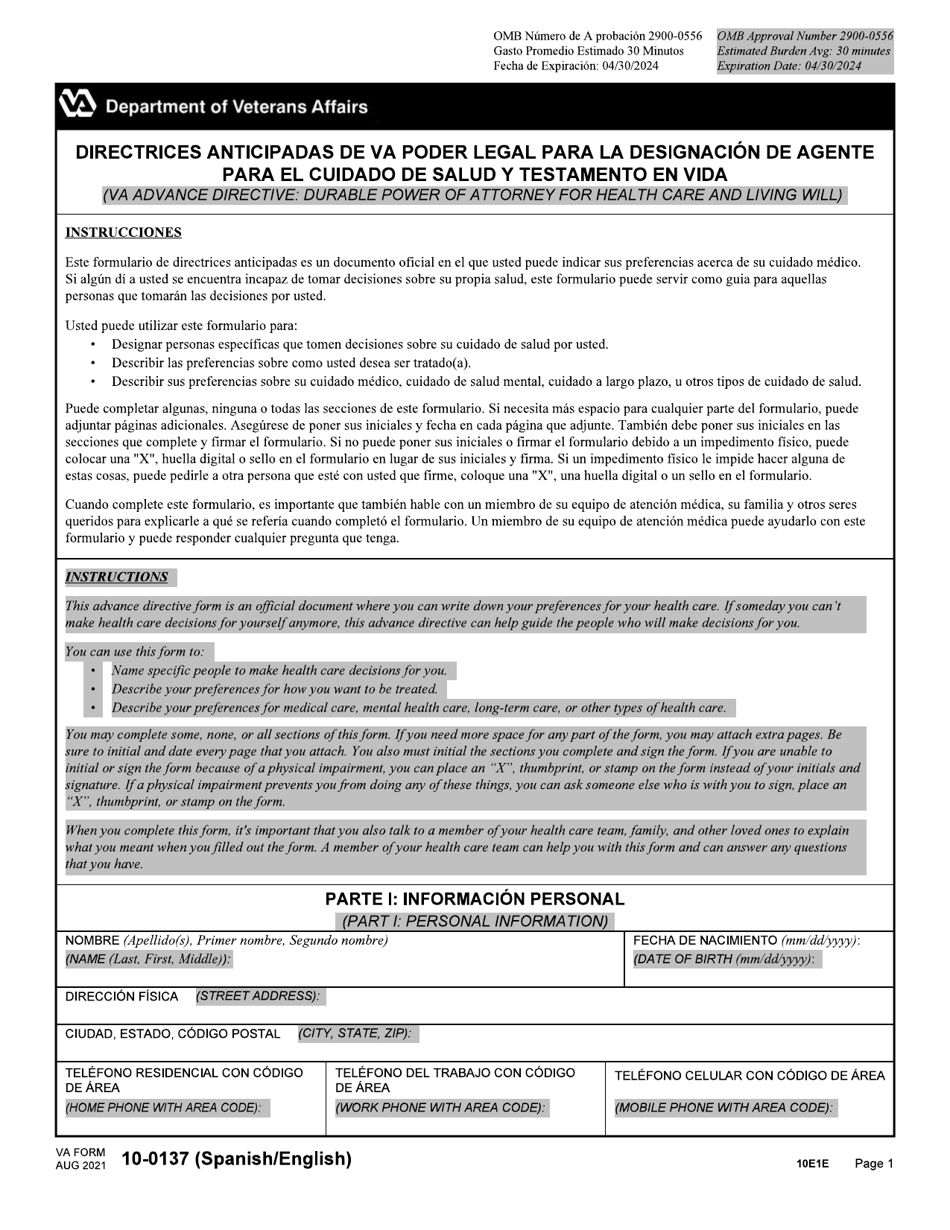 VA Form 10-0137 VA Advance Directive: Durable Power of Attorney for Health Care and Living Will (English / Spanish), Page 1