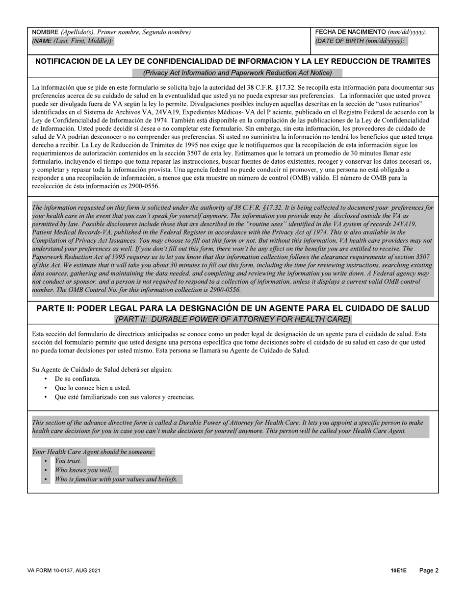 Va Form 10 0137 Download Fillable Pdf Or Fill Online Va Advance Directive Durable Power Of 1450