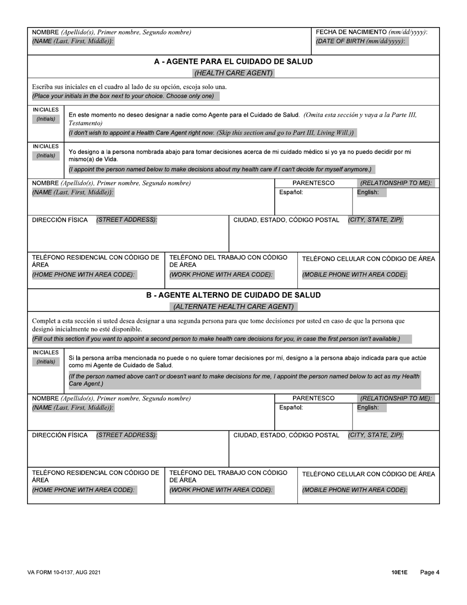 Va Form 10 0137 Download Fillable Pdf Or Fill Online Va Advance Directive Durable Power Of 7936