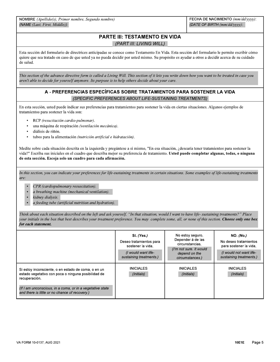 VA Form 10-0137 VA Advance Directive: Durable Power of Attorney for Health Care and Living Will (English / Spanish), Page 5