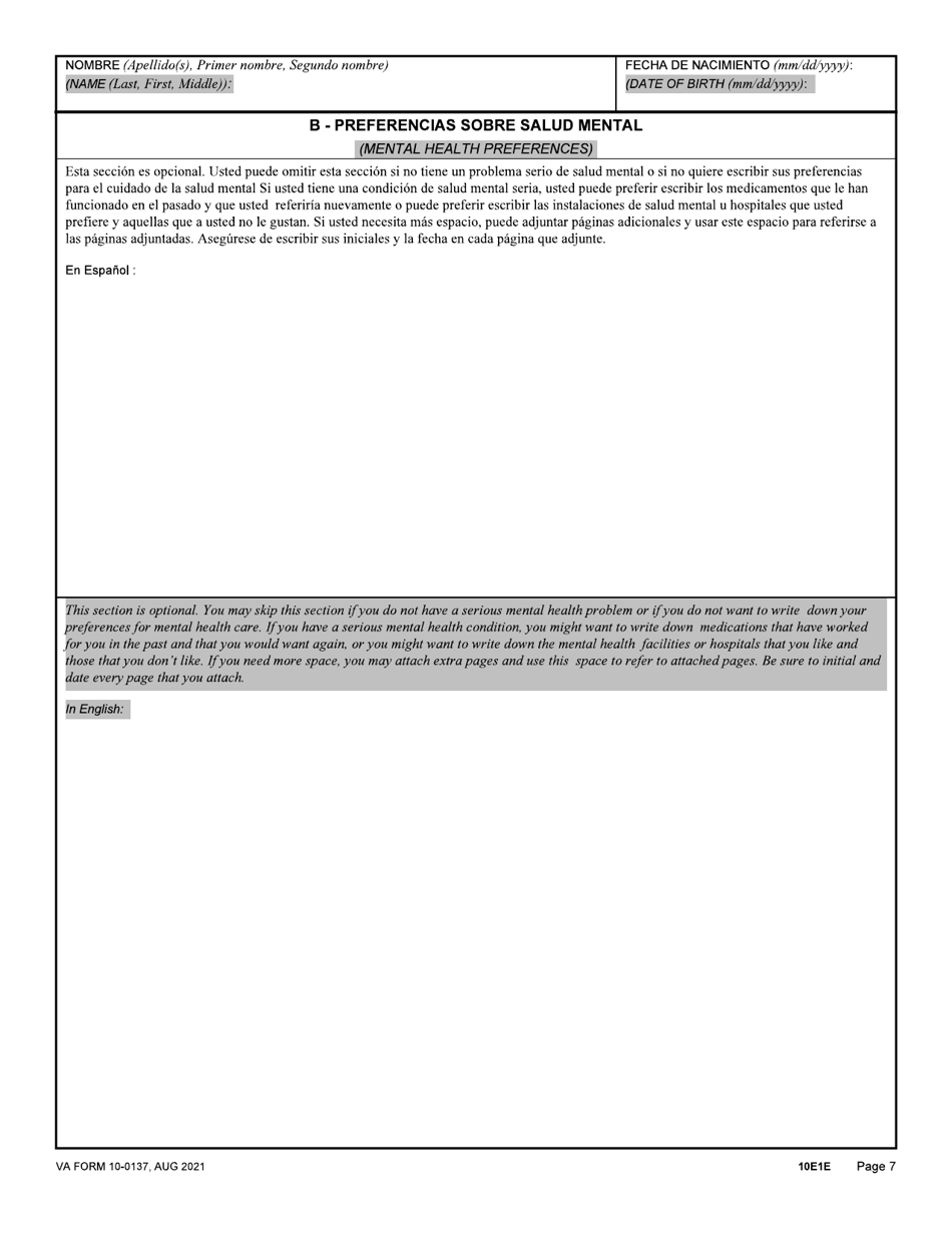 Va Form 10 0137 Download Fillable Pdf Or Fill Online Va Advance Directive Durable Power Of 4106