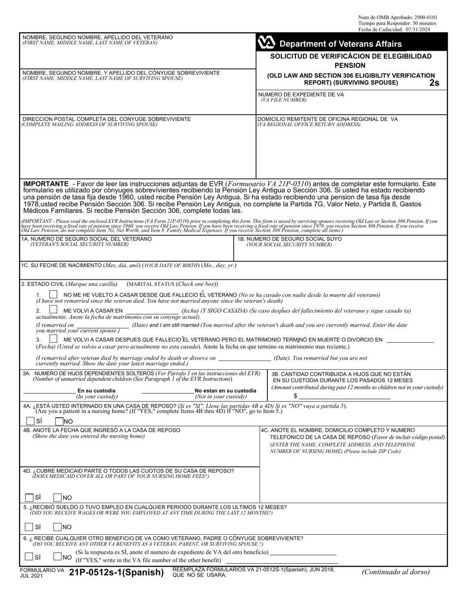 VA Form 21P-0512S-1 Old Law and Section 306 Eligibility Verification Report (Surviving Spouse) (English / Spanish), Page 1