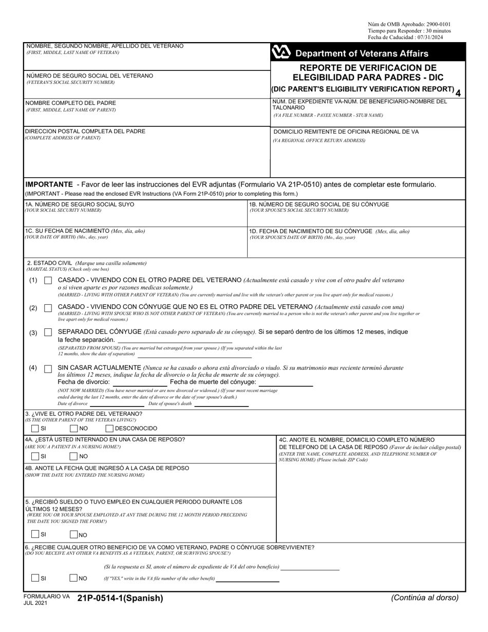 VA Form 21P-0514-1 DIC Parents Eligibility Verification Report (English / Spanish), Page 1