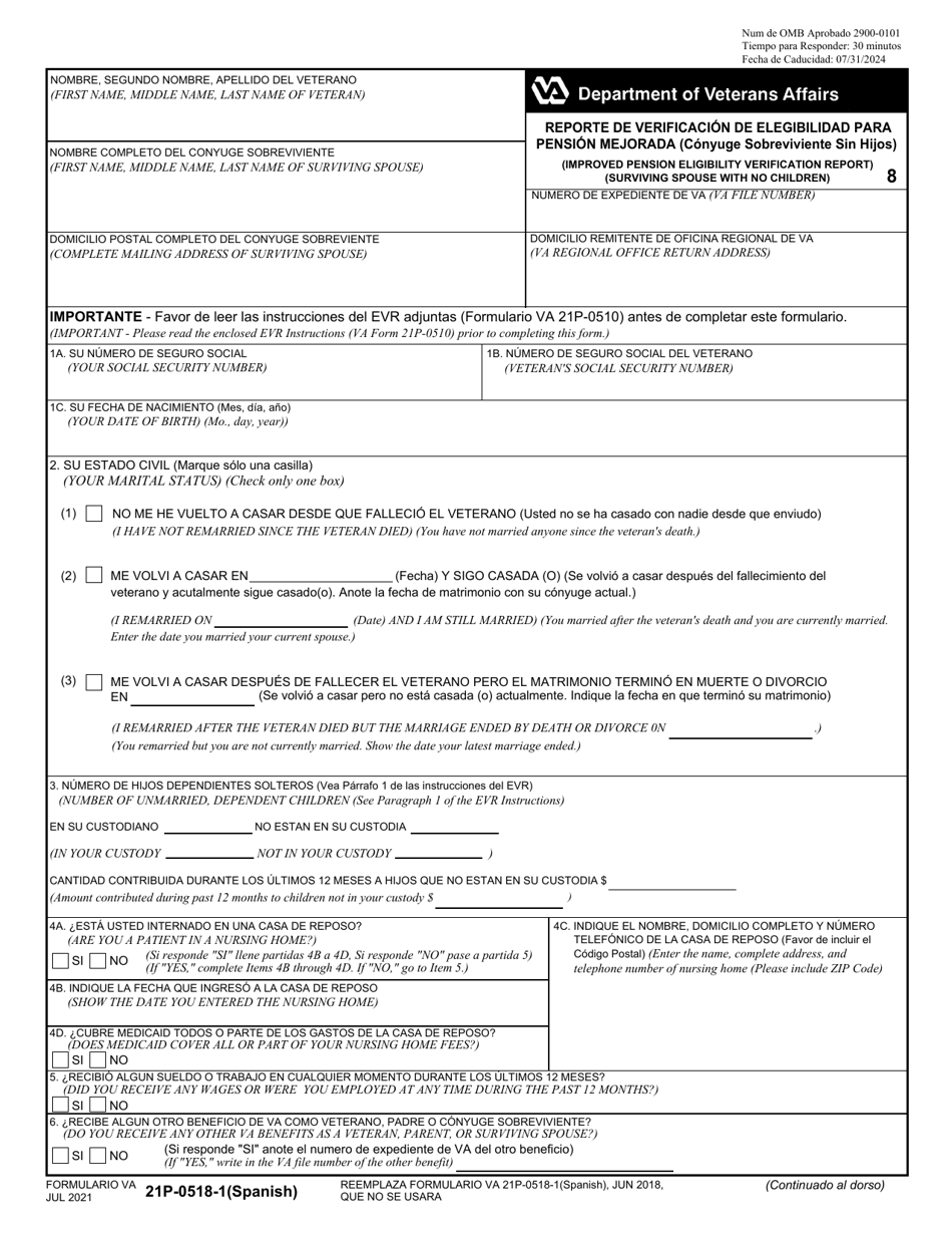 VA Form 21P-0518-1 Improved Pension Eligibility Verification Report (Surviving Spouse With No Children) (English / Spanish), Page 1