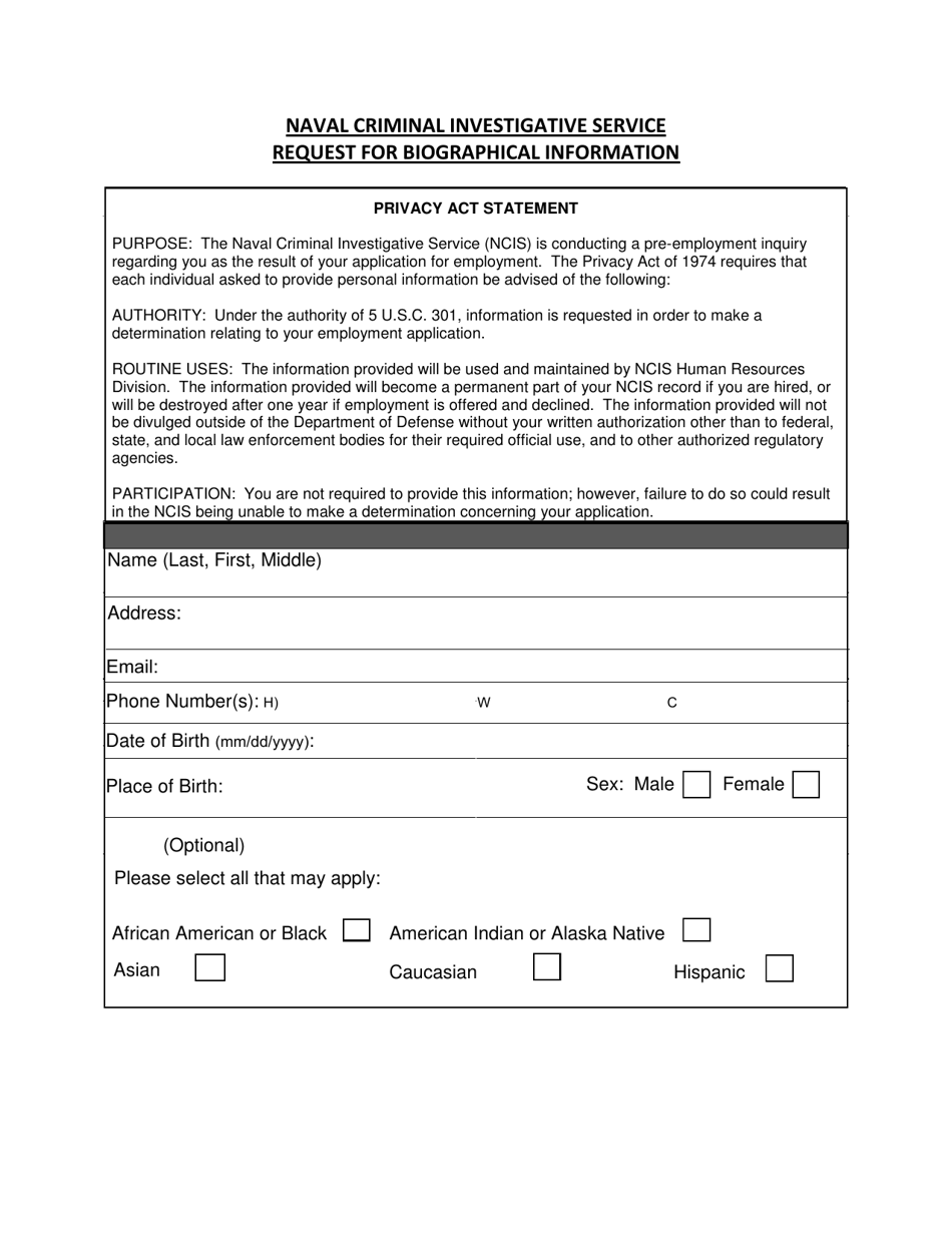 Request for Biographical Information, Page 1