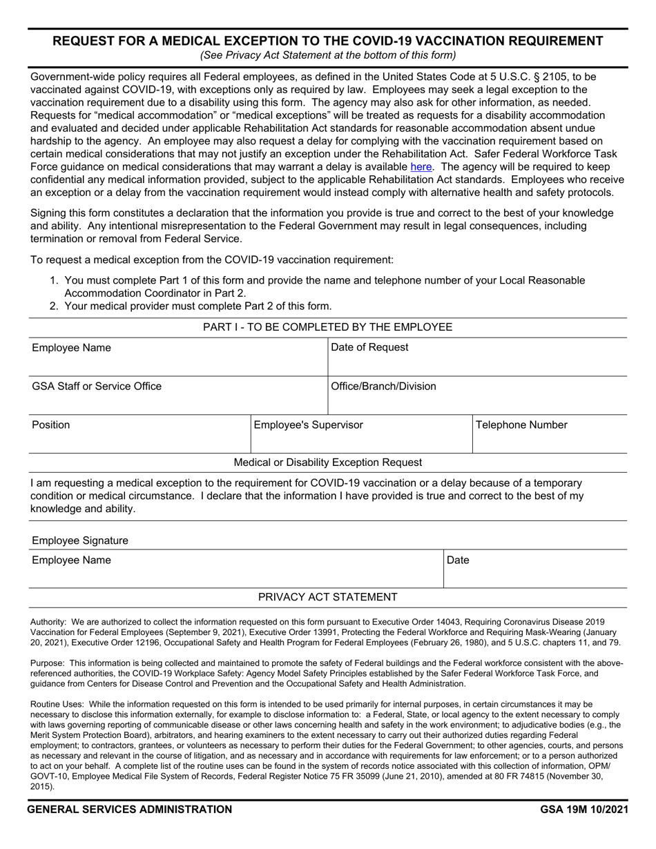 GSA Form 19M Request for a Medical Exception to the Covid-19 Vaccination Requirement, Page 1