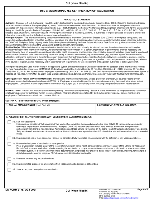 DD Form 3175 DoD Civilian Employee Certification of Vaccination