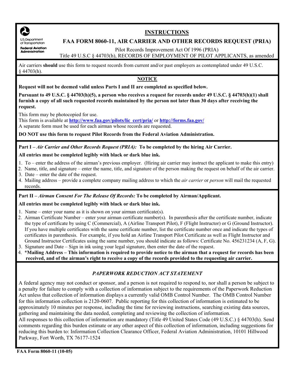 FAA Form 8060-11 Air Carrier and Other Records Request (Pria), Page 1