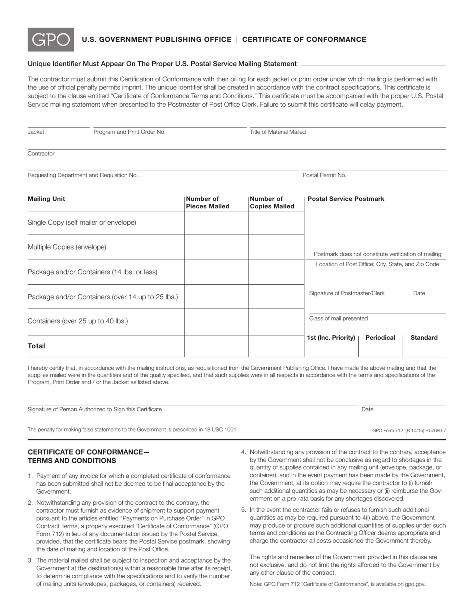 GPO Form 712 Certificate of Conformance, Page 1