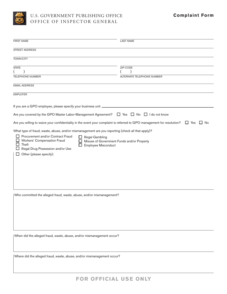 Complaint Form Download Fillable PDF | Templateroller